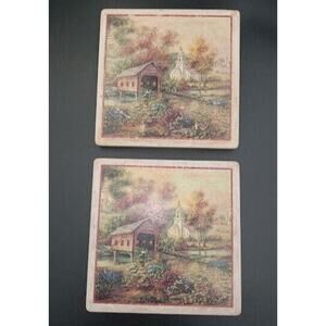 2 Thomas Kincaid square ceramic coasters w church, bridge, flowers & trees 3.5"